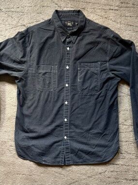 RRL Ralph Lauren Double RL  Black Button Down Pin Dots Pattern Shirt - L